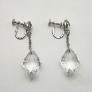 Vintage Clear Faceted Acrylic Dangle Screwback Earrings Silver Tone Rhinestone